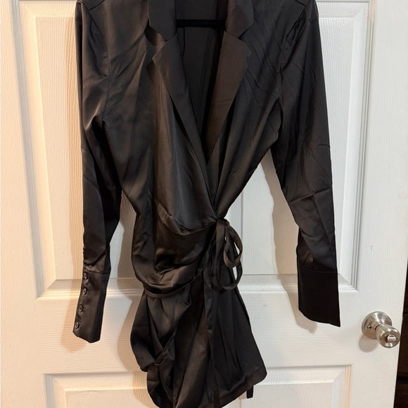 Fashion Nova Black Satin Tie-Waist Wrap Mini Dress - Picture 2 of 2